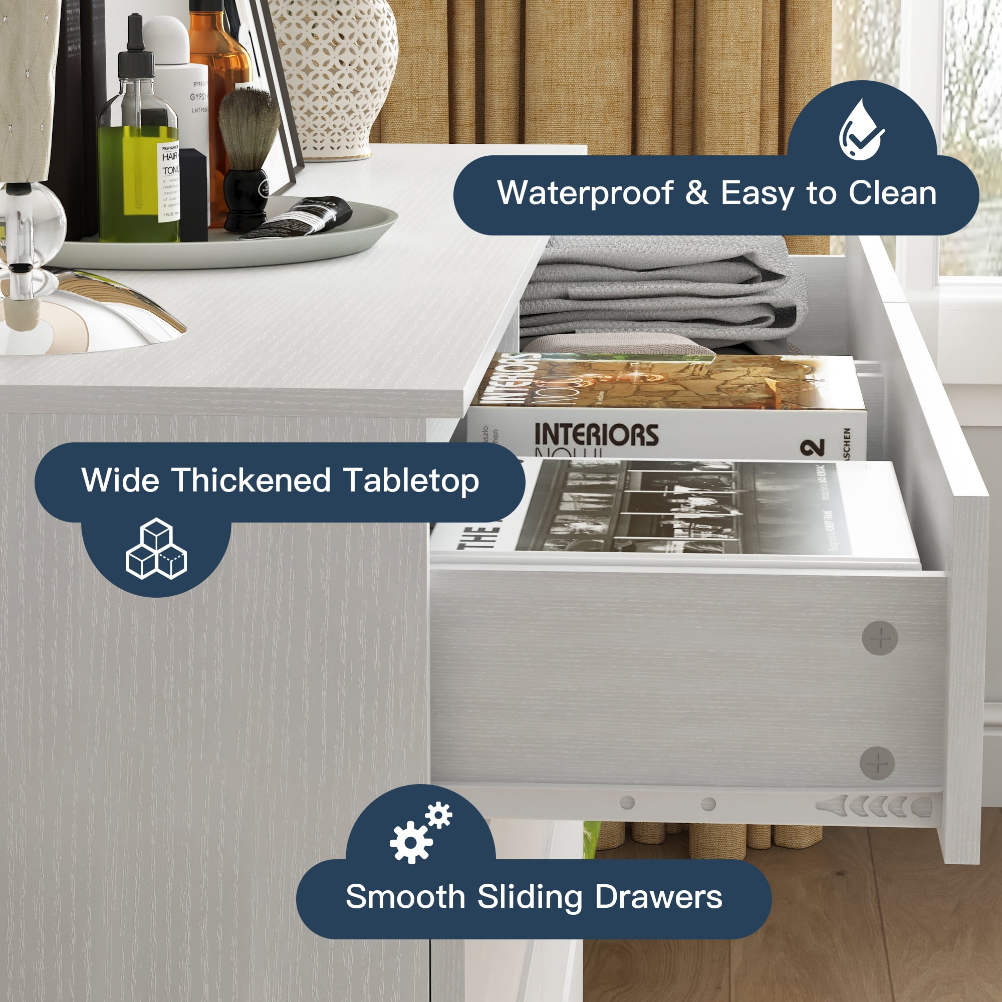 Kadyn 8 Drawer White Double Dresser with Handle-less Beveled Edge Design, Chest of Drawers with Storage, Wooden Storage Cabinet for Bedroom, Living Room, Hallway