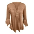 thumbnail image 4 of Jalioing 3/4 Sleeve for Women Crewneck Blouse Button V Neck Solid Color Ruffle Flare Sleeve Slim Shirts (Large, Khaki), 4 of 7