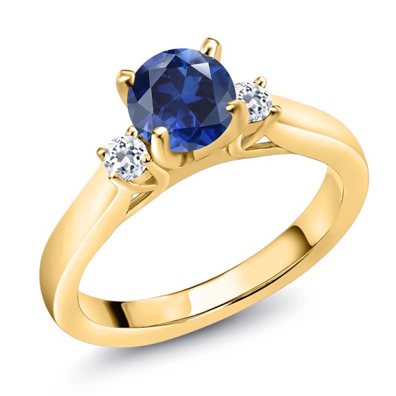 Gem Stone King 18K Yellow Gold Plated Silver Blue Created Sapphire and White Topaz 3-Stone Engagement Ring for Women (1.28 Cttw, Round 6MM, Gemstone September Birthstone, Size 7)