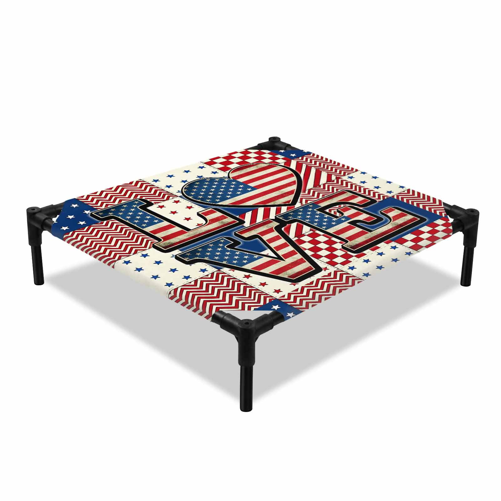 Independence Day Elevated Dog Bed LOVE Letters America Flag Patchwork Vintage Cooling Breathable Outdoor Raised Dog Cot Bed with Metal Frame Non-Slip Feet for Small Dog 20x20in
