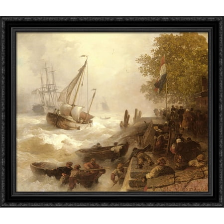 Hafeneinfahrt Bei Rauher See 34x28 Large Black Ornate Wood Framed Canvas Art by Andreas Achenbach