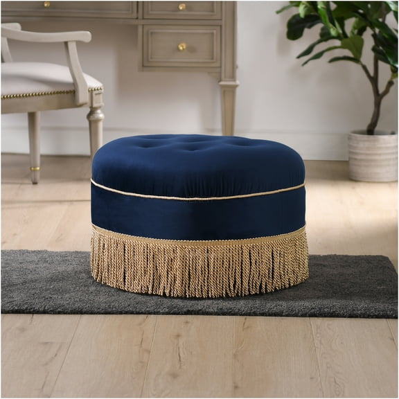 JERFIT Navy Blue Velvet Ottoman with Gold Trim, Round Button Tufted Storage Footstool Bench for Living Room