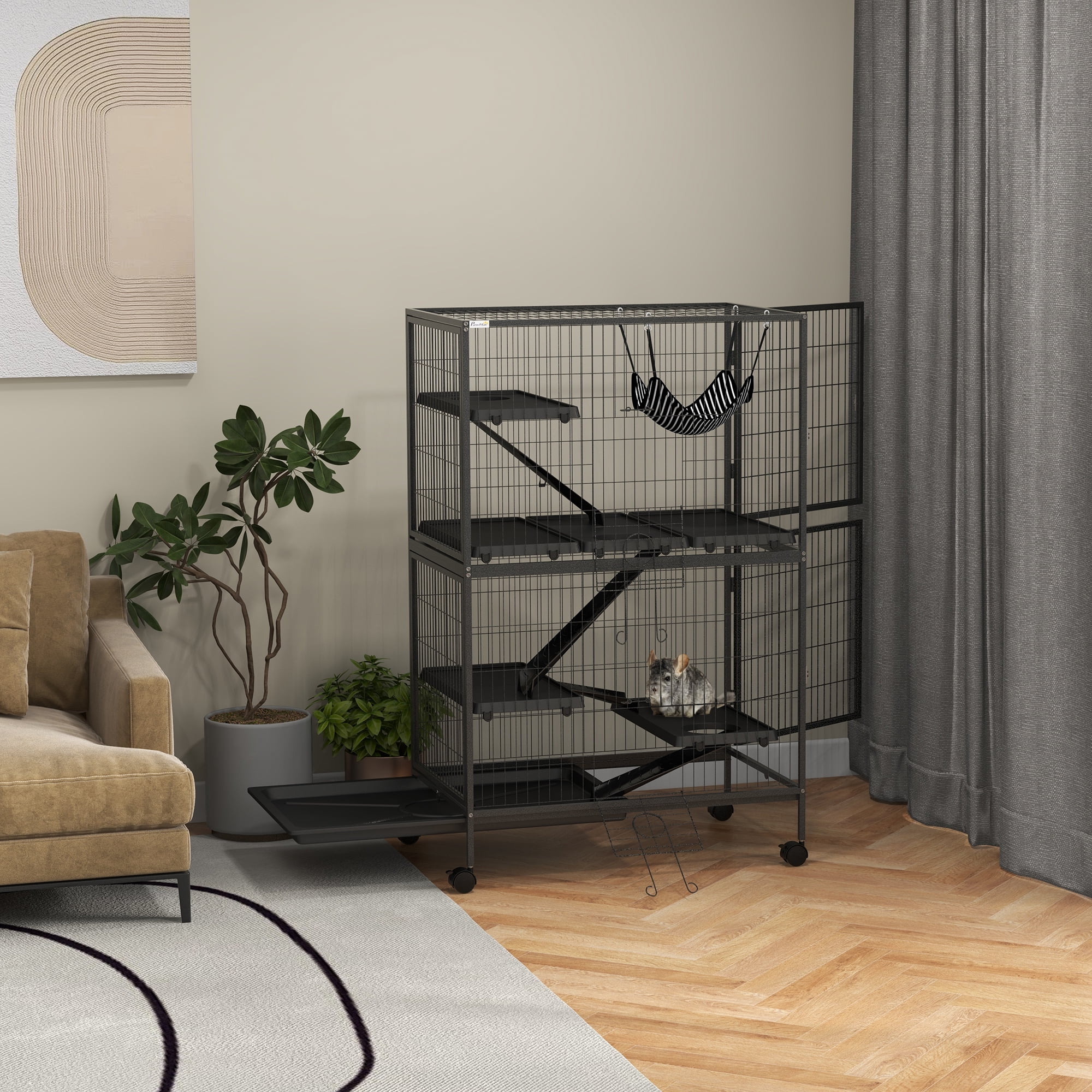 Dog Bed PawHut 50" 5-Tier Small Animal Cage, Ferret Cage, Large Chinchilla Cage with Hammock Accessory & Heavy-Duty Steel Wire, Small Animal Habitat with 4 Doors, Removable Tray, Gray,Large Dog Bed
