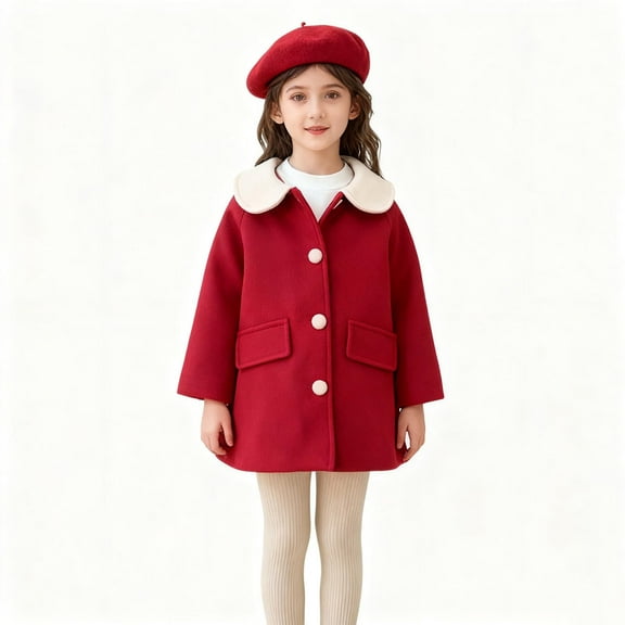 ATOGUTA Girls Dress Coat Kids Wool Lapel Long Button Jackets Fall Winter Outerwear Peacoat with Pockets Size 1T-9 Wine