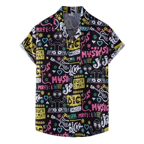 Playeras Y Camisas Para Hombre Camiseta de verano a la para hombre, camiseta informal con estampado de playa hawaiana, camiseta con botones, camiseta de manga corta con bolsillo (Black, L)
