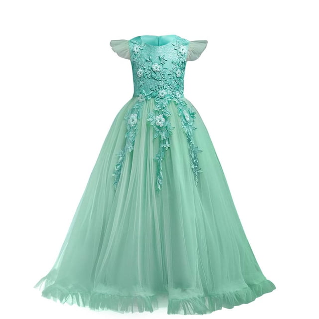 Vestido de dama de honor IBTOM CASTLE para niñas, largo de tul turquesa, 5-6 años