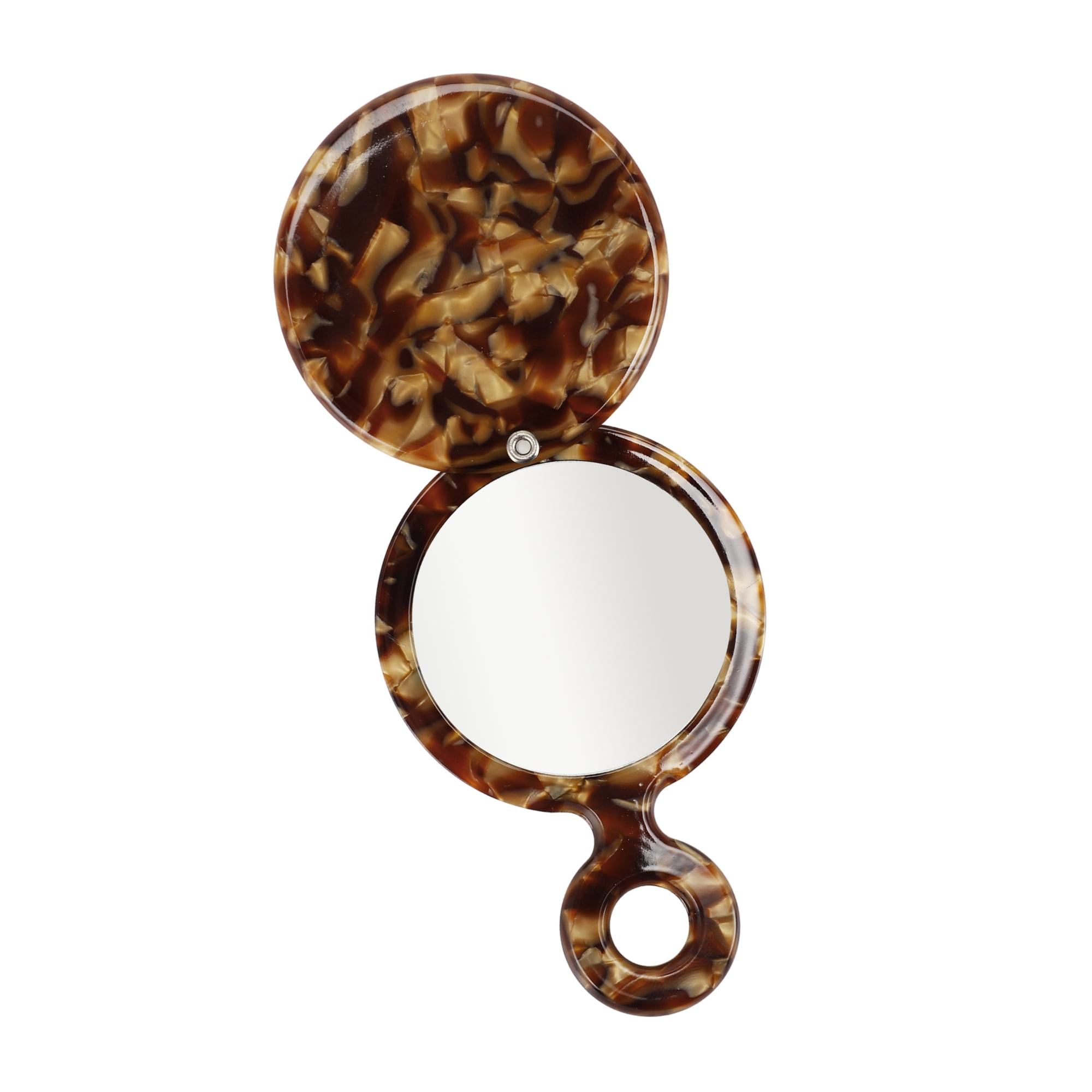 Unique Bargains 1Pc Round Short Handheld Makeup Mirror for Travel Gym Brown