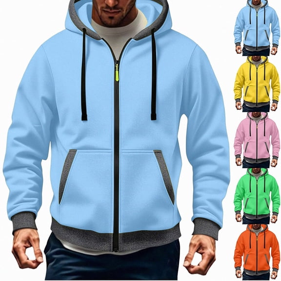 HOMADLES Men's Long Sleeve Hoodie Winter Thicken Full Zipper Hooded Sweatshirts Drawstring Solid Color Casual Jacket Sky Blue Size S