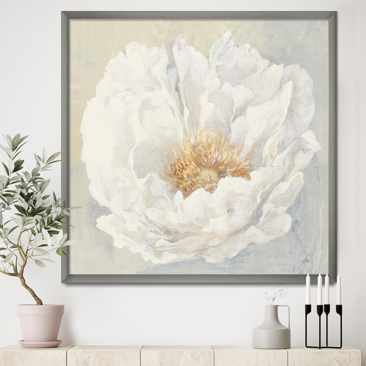 Designart White Serene Peony Framed Wall Art