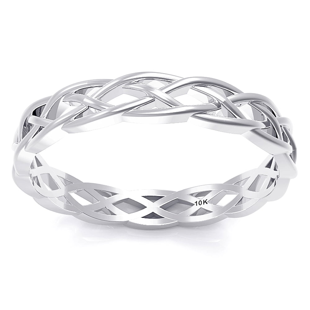 Sz 4.5 Solid 10K White Gold 3MM Eternity Celtic Knot Stackable Comfort Fit Wedding Band Ring
