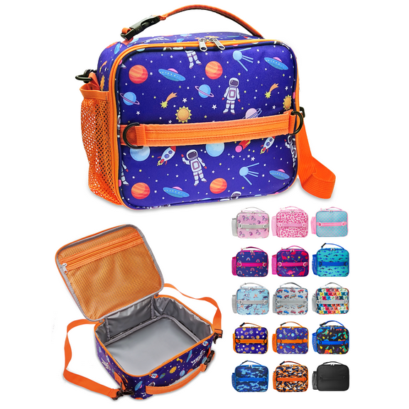 ComfiTime Lunch Bag for Kids – Insulated Lunch Box for Girls and Boys, Cute Reusable Cooler Bag with Zipper Pockets, Bottle Holder, Padded Handles and Shoulder Strap (Blue Space)