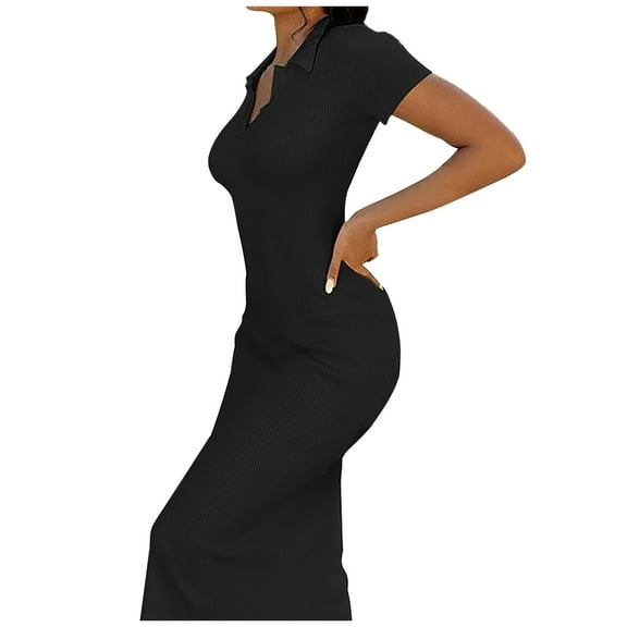 Wycnly Dresses for Women 2025 Fall Comfort Knitted Ribbed Club Party Sexy Bodycon Slit Dresses Solid Short Sleeve V-Neck Long Formal Dresses for Women Black s