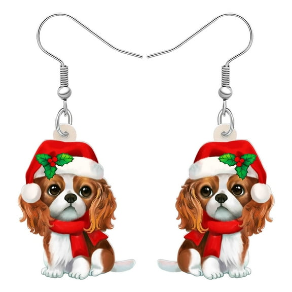 NEWEI Acrylic Cute Christmas Cavalier King Charles Spaniel Dog Earrings Santa Hat Scarf Puppy Dangle Jewelry For Women Charms Holiday Gifts