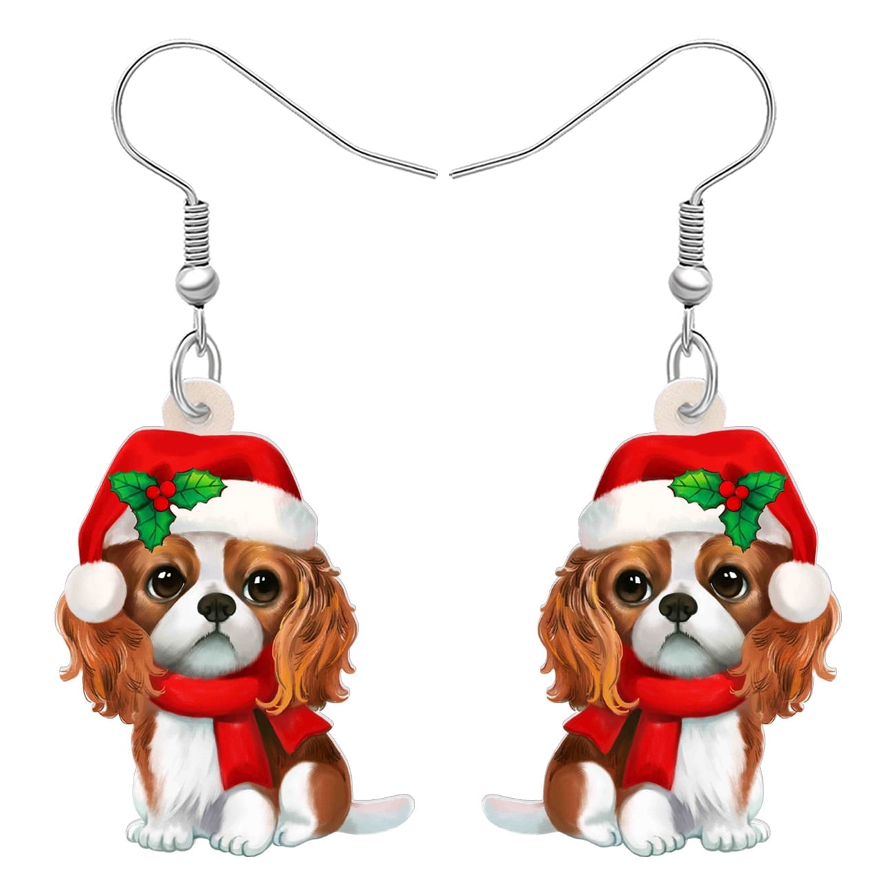 NEWEI Acrylic Cute Christmas Cavalier King Charles Spaniel Dog Earrings Santa Hat Scarf Puppy Dangle Jewelry For Women Charms Holiday Gifts