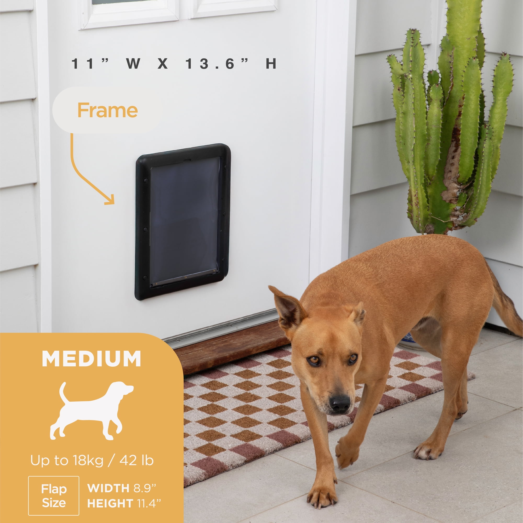 Black Med Pet Door for Screens, Doors & Walls up to 2.76" Thick, for Dogs and Cats up to 42 lbs