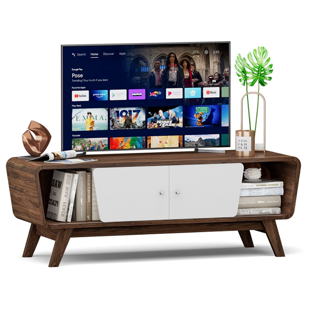 Finihen TV Stand, TV Cabinet, Sliding Door TV Stand with Adjustable Shelf for TVs up to 55 Inch, for Living Room, Bedroom, Walnut