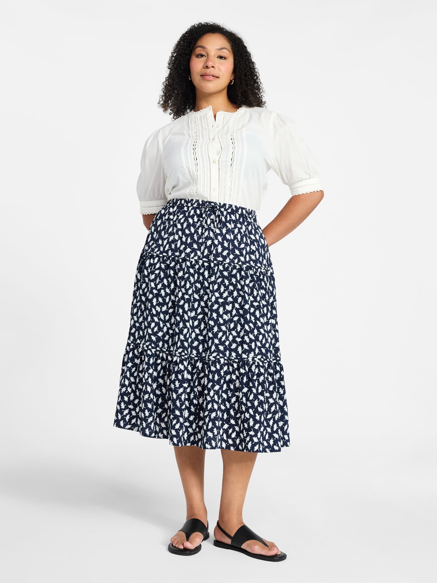 Time and Tru Women's Tiered Print Midi Skirt, Sizes XS -XXXL