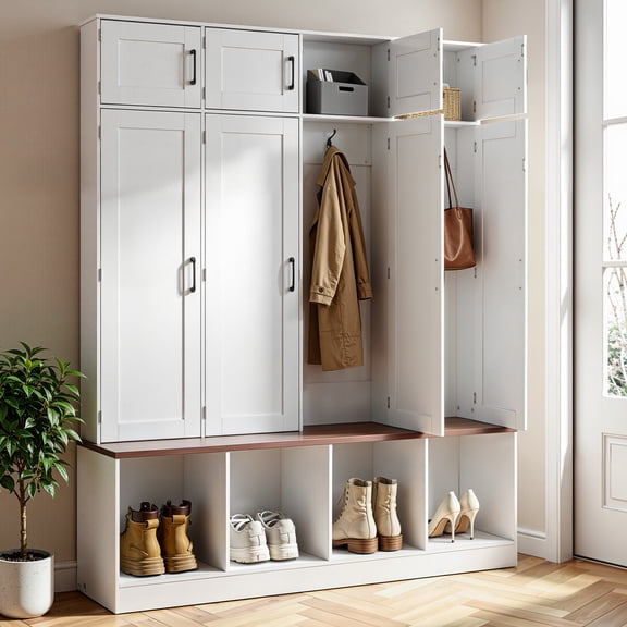 VEVOR Hall Tree with Bench and Shoe Storage, 59" Wide, 4-in-1 Entryway Hall Tree with Bench, Hanging Hooks, Storage Cabinet, and Shoe Cabinet, Wooden Furniture for Mudroom, Entryway, Hallway, White
