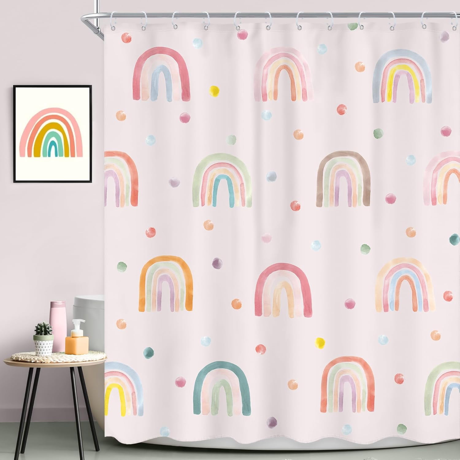 Girls Boho Rainbow Shower Curtain 72Wx72L Inch Kids Pink Polka Dots Cartoon Cute Watercolor Aesthetic Colorful Shower Curtain Bathroom Set Pretty Bath Curtain Bathtub Accessories Home Decor