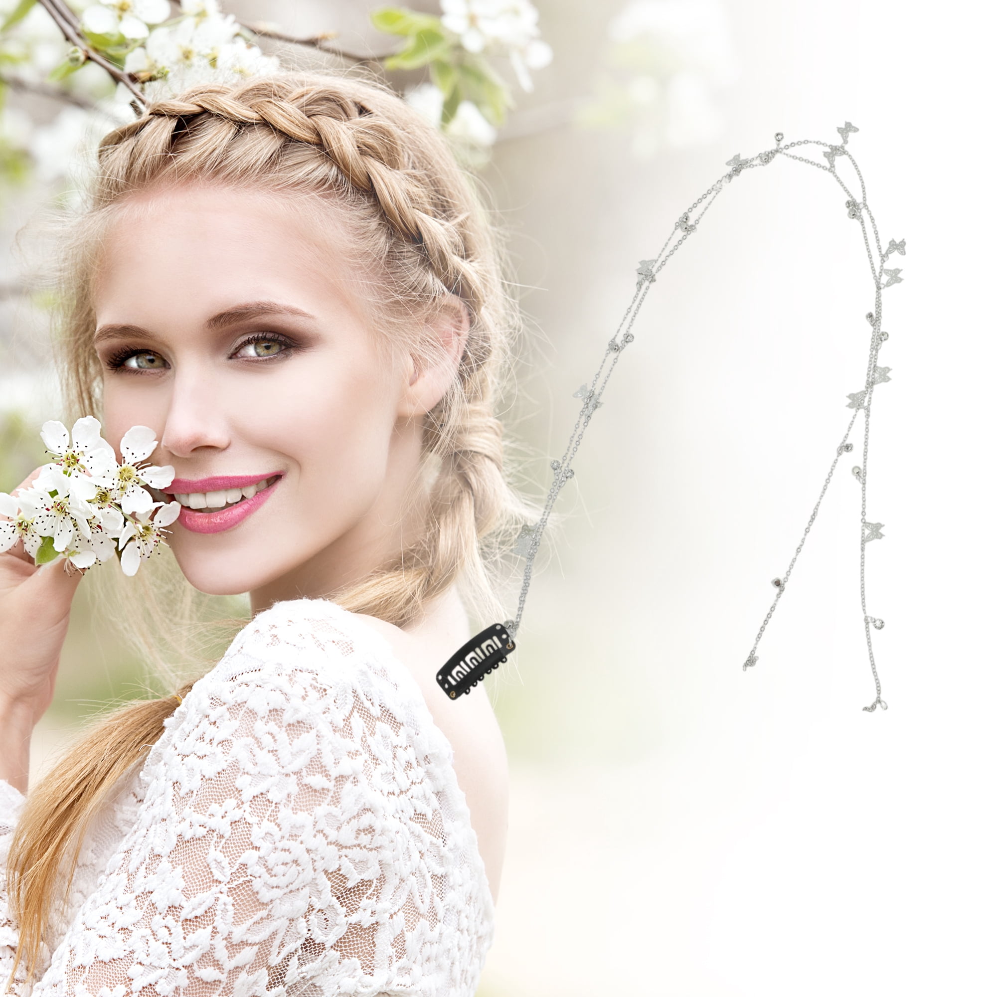 Unique Bargains Butterfly Rhinestone Braided Hair Chain 1 Pc Silver Tone