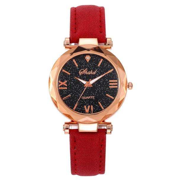 Correa de cuero PU Reloj de cuarzo Reloj de pulsera con esfera redonda Star Sky para mujer (Rojo) Likrtyny Para estrenar