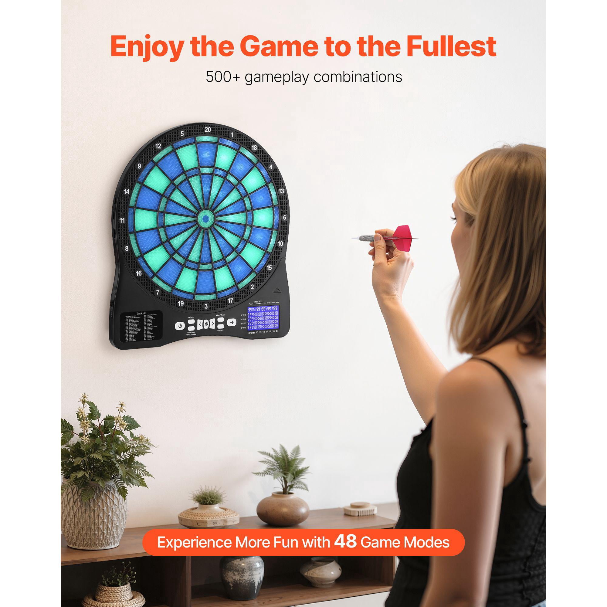 Electronic Dart Board LED Illuminated Target with 48 Games 500 Variations 6 Dart Shafts Flights 50 Soft Tips Cricket Scoring LCD Screen Supports 8 Players