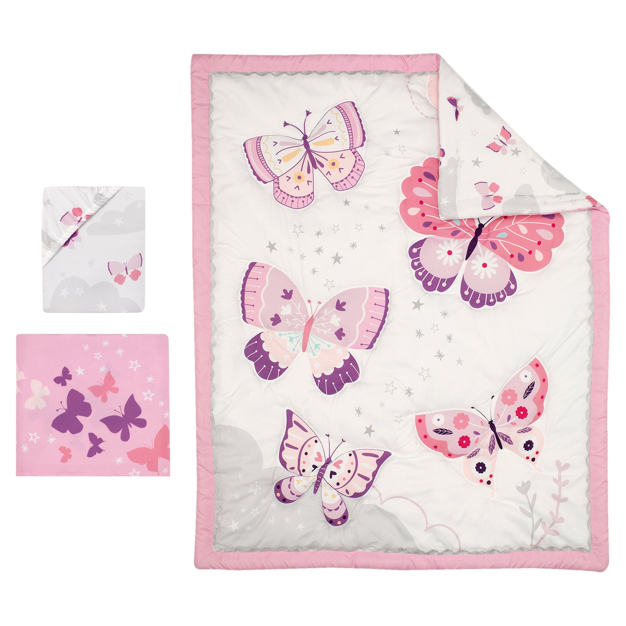 Bedtime Originals Pink Purple Butterfly 3 Piece Crib Bedding Set for Girl s Nursery with Stars Walmart