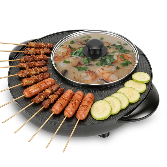 Electric Hot Pot and Grill Combo, 2-in-1 Multifunctional Portable Countertop Cooker with Temperature Control Perfect for Korean BBQ, Shabu and Soup,Black