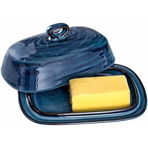 Butter Dish with Lid, Ceramic Butter Dish with Knife for Countertop with Covered, Large Butter Keeper Handle Design, Blue