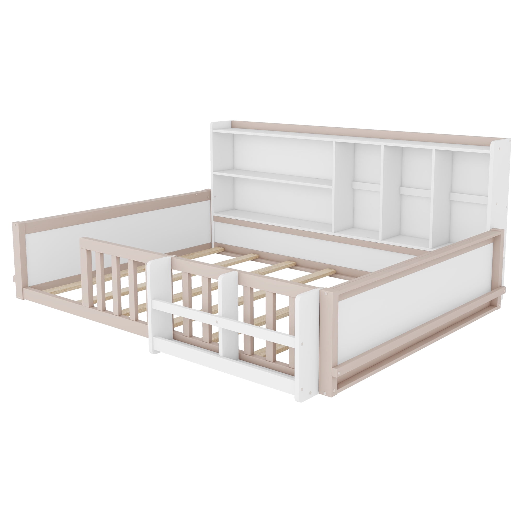 Mintazer Full Size Montessori Floor Bed with Bookshelf & Guardrails, Kids Platform Bed Frame with Storage Cubbies for Bedroom, White & Natural
