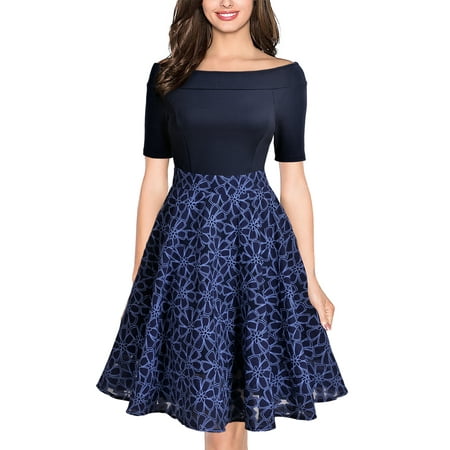 - MIUSOL Women's Vintage 1950s Casual Evening Cocktail Party A Line Dresses Contrast Floral Off Shoulder Wedding Bridesmaid Swing Dresses for Women,Short Sleeve,Empire Waist,Knee Length,Navy L