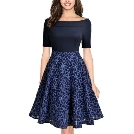 MIUSOL Women's Vintage 1950s Casual Evening Cocktail Party A Line Dresses Contrast Floral Off Shoulder Wedding Bridesmaid Swing Dresses for Women,Short Sleeve,Empire Waist,Knee Length,Navy