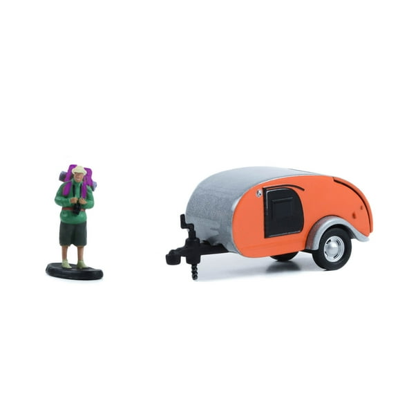 Teardrop Trailer with Backpacker Figure, Orange - Greenlight 34130F/48 - 1/64 Scale Diecast Car
