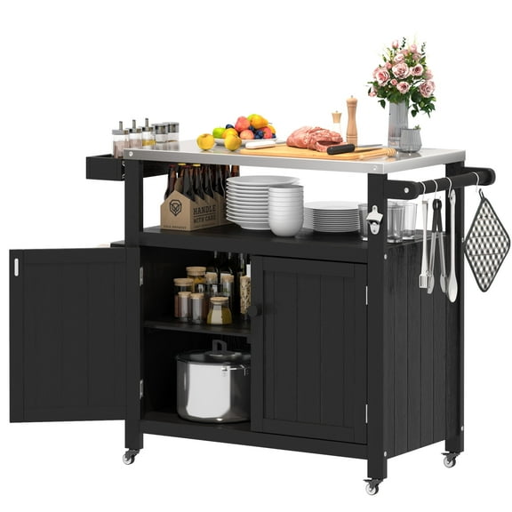 Bstjewey Black HIPS Outdoor Kitchen Island with Storage Cabinet,Grill Cart with Wheels