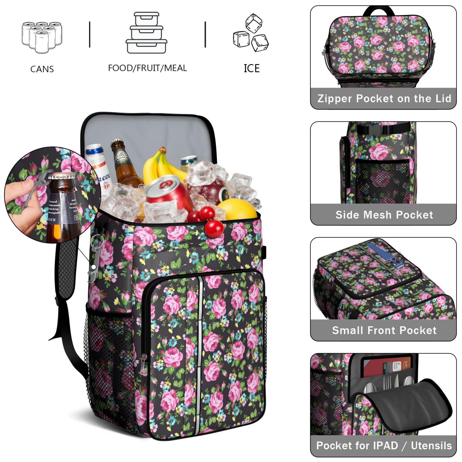Travel Cooler Bag - Pioneer Flower Floral Print Pattern Camping Beer Cooler Backpack with Bottle Opener- Waterproof Insulated Picnic Backpacks - Cooler Bag for Beach