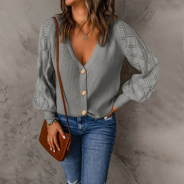 EGNMCR Cardigans pour Femmes, Chandails pour Femmes Femmes Décontracté Uni Tricot Boutons Manches Ajourées Col en V Chandails Hauts Femmes Chandail