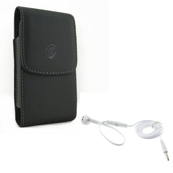 Black Leather Carry Case w Flat Wired Headset MONO Handsfree Earphone Mic Q1L for Alcatel Avalon V, REVVL 2, Idol 5S 5, 1x Evolve - ASUS Zenfone 3 Max 2E - Blackberry Key2, KEYone, LE - BLU S1