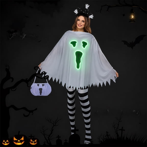 siminsem Ghost Poncho Cape Halloween Adult, Screaming Face Print Pullover Jagged Hem Easy Wear Outfit for Party Dress Up, Blackish Green,One Size