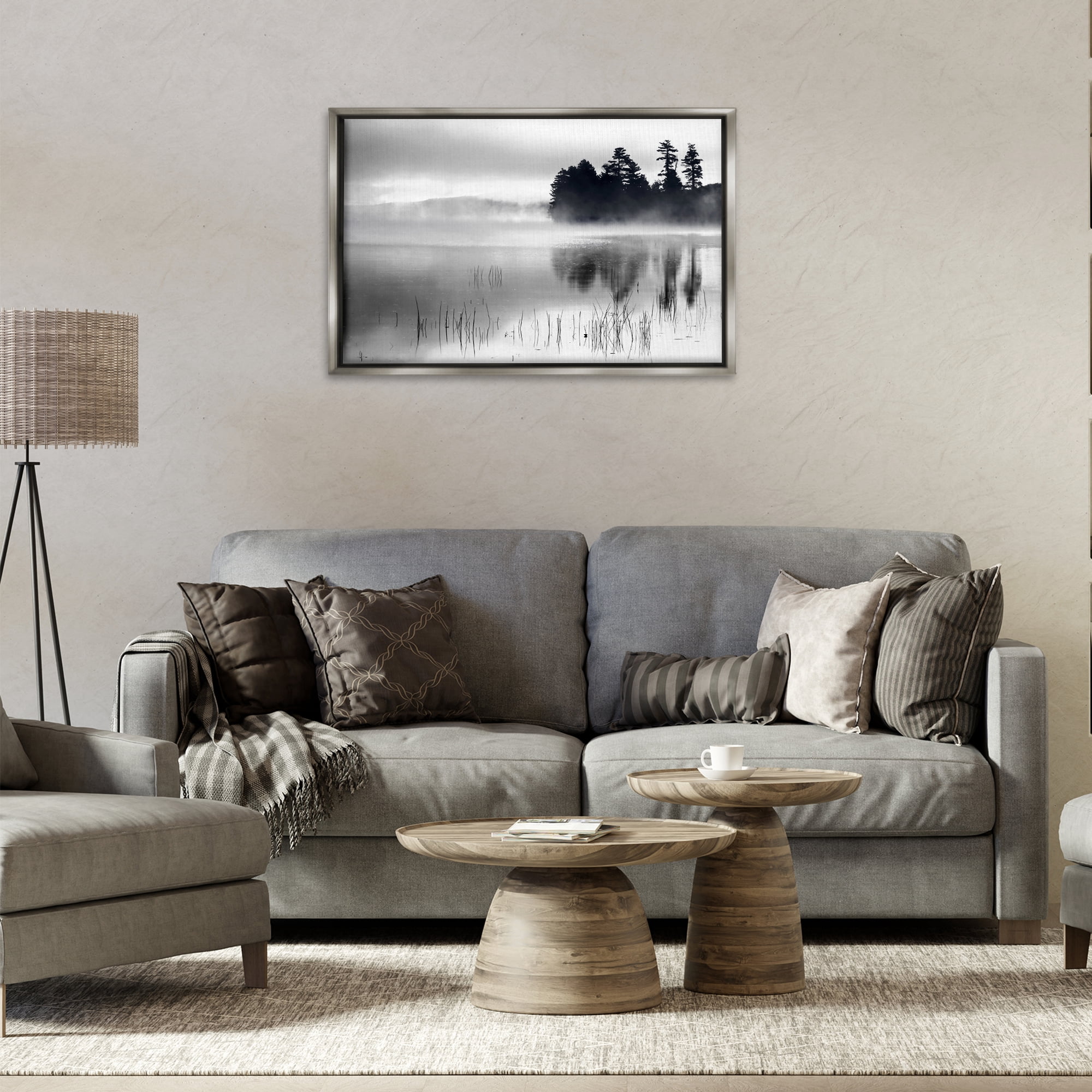 Stupell Industries Serene Lake Reflection Landscape Photography Gray Floater Framed Art Print Wall Art, 31 x 21