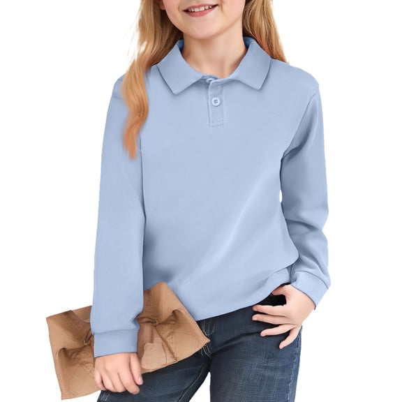 Huankd Girls School Uniform Long Sleeve Polo Shirt Kids Golf Polo Shirts 5-14 Years Sky Blue 5-6Y