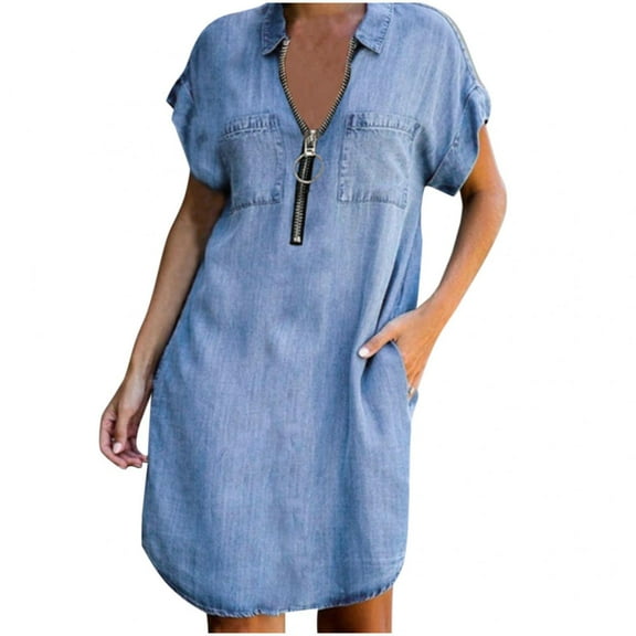 Jophufed Women's Dress Casual Short Sleeve Jeans Zipper Dresses Slim Solid Color Denim Short Dress