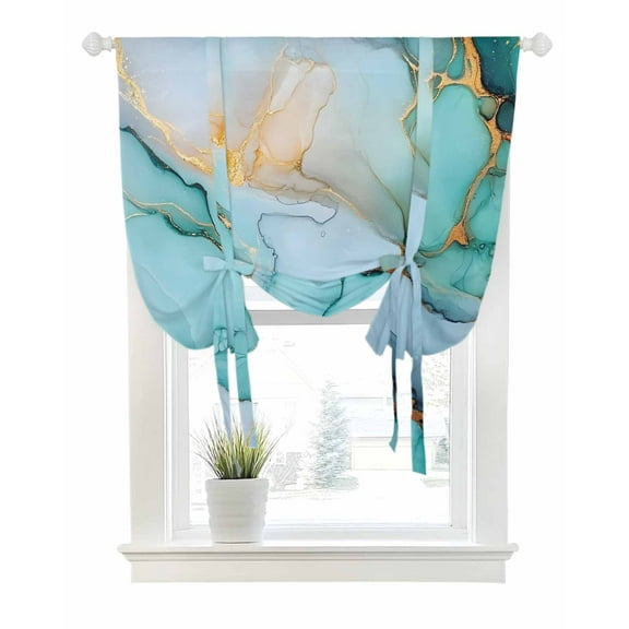 Turquoise Marble Tie Up Curtains for Window, Thermal Insulted Balloon Shade Adjustable Rod Pocket Curtains Valance Panels for Kitchen Bathroom Cafe 42 x 63 Farmhouse Abstract Ombre Texture