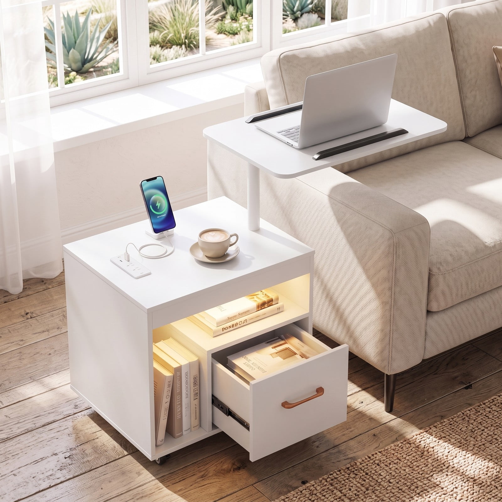 Furnibear LED Nightstand with Charging Station and Flip over Rotatable Tabletop and Drawer for Bedroom and Living Room, Modern Bedside Table, White