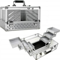 VER Beauty Armored Acrylic 6-Tiers Accordion Trays Professional Cosmetic Makeup Portable Travel Case with Brush Holder (Silver Diamond)