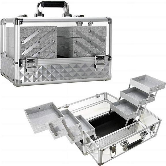 VER Beauty Armored Acrylic 6-Tiers Accordion Trays Professional Cosmetic Makeup Portable Travel Case with Brush Holder (Silver Diamond)