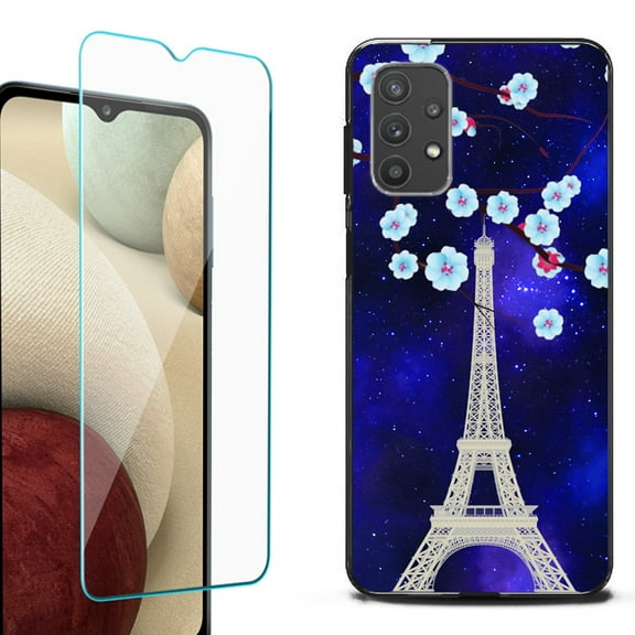 Slim-Fit Flexible TPU Gel Phone Case (black) for Samsung Galaxy A32 5G, with Tempered Glass Screen Protector, by OneToughShield ® - Eiffel Tower Stars