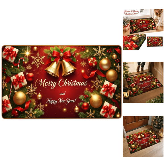 35.43in x 23.62in Christmas Non Slip Doormat, Polyester Red Gold Holiday Bell Pattern Welcome Floor Mat, Indoor Outdoor Entry Rug for Christmas Home Decoration