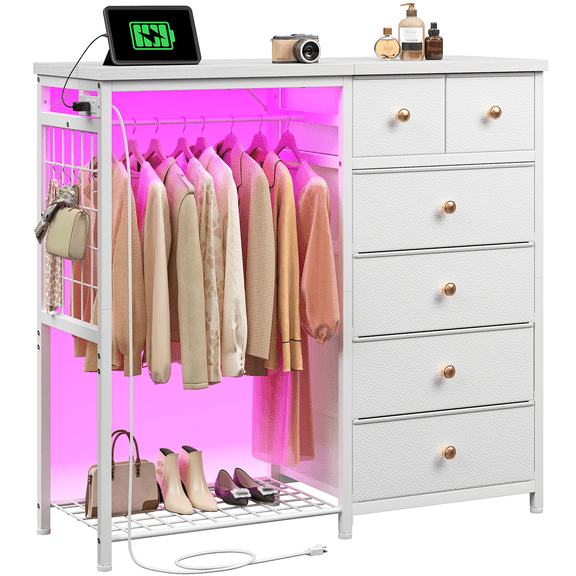 Romorgniz Fabric Dresser for Bedroom with Hanging Rack 6 Drawers Dresser & Chest of Drawers with Charging Station & LED Lights, White