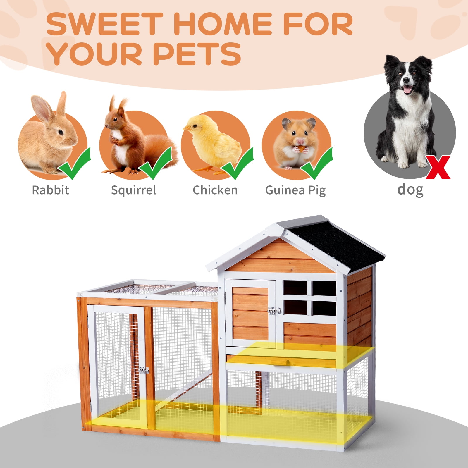 ZephyPaws Wooden Rabbit & Chicken Hutch with Pull Out Upper Tray, 2-Story Outdoor Orange