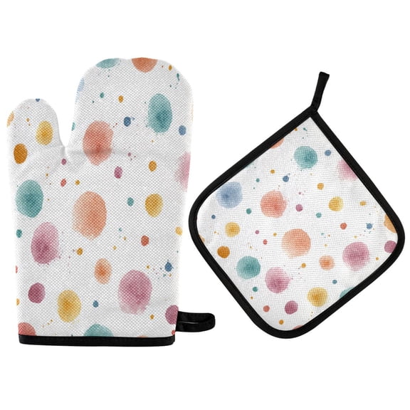 2 PCS Oven Baking Gloves Set Heat Resistant Oven Mitt & Pot Holder Set Cooking Mitts Kitchen Home Supplies Small Watercolor Splashes and Dots